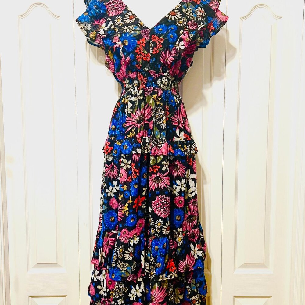 KoKo & Mason-Long Ruffled Floral Dress-Size X Small-Black/Pink Mix-Boho-Ruffles